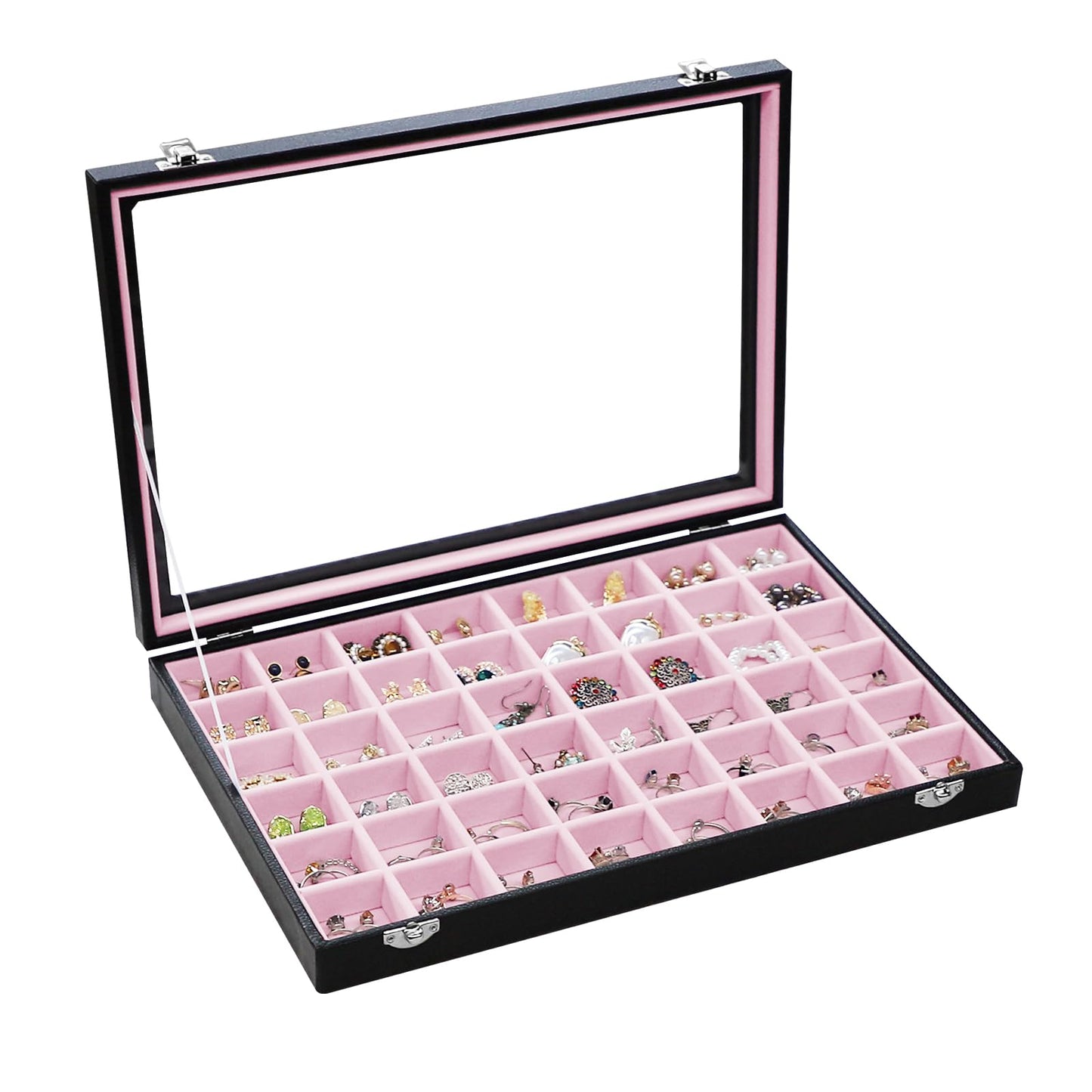 Stratalife Jewelry Organizer 48 Grid Jewelry Tray with Clear Lid Dust-proof Velvet Earring Organizer Necklace Rings Holder Display Drawer Storage Case for Women Pink Black