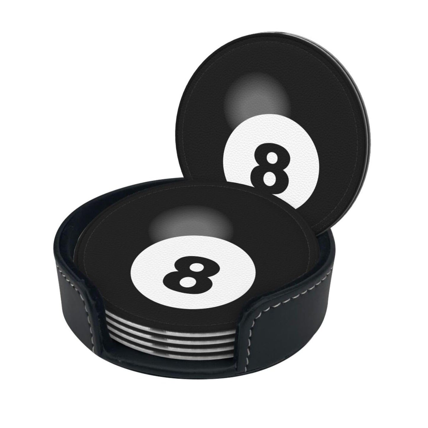 BOXIMIAO Drink Coasters with Holder Stand Set of 6, Billiard Ball Black 8 Pu Leather Absorbent Coasters with Cork Base Table Coaster Round Coasters for Housewarming Apartment Kitchen Bar Decor