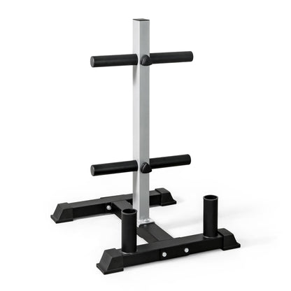 CAP Barbell Olympic Bumper Plate Tree Rack with 4 Weight Plate Posts and 2 Barbell Storage Holders – Heavy-Duty Steel Gym Organizer for Olympic Plates and Bars - Gray