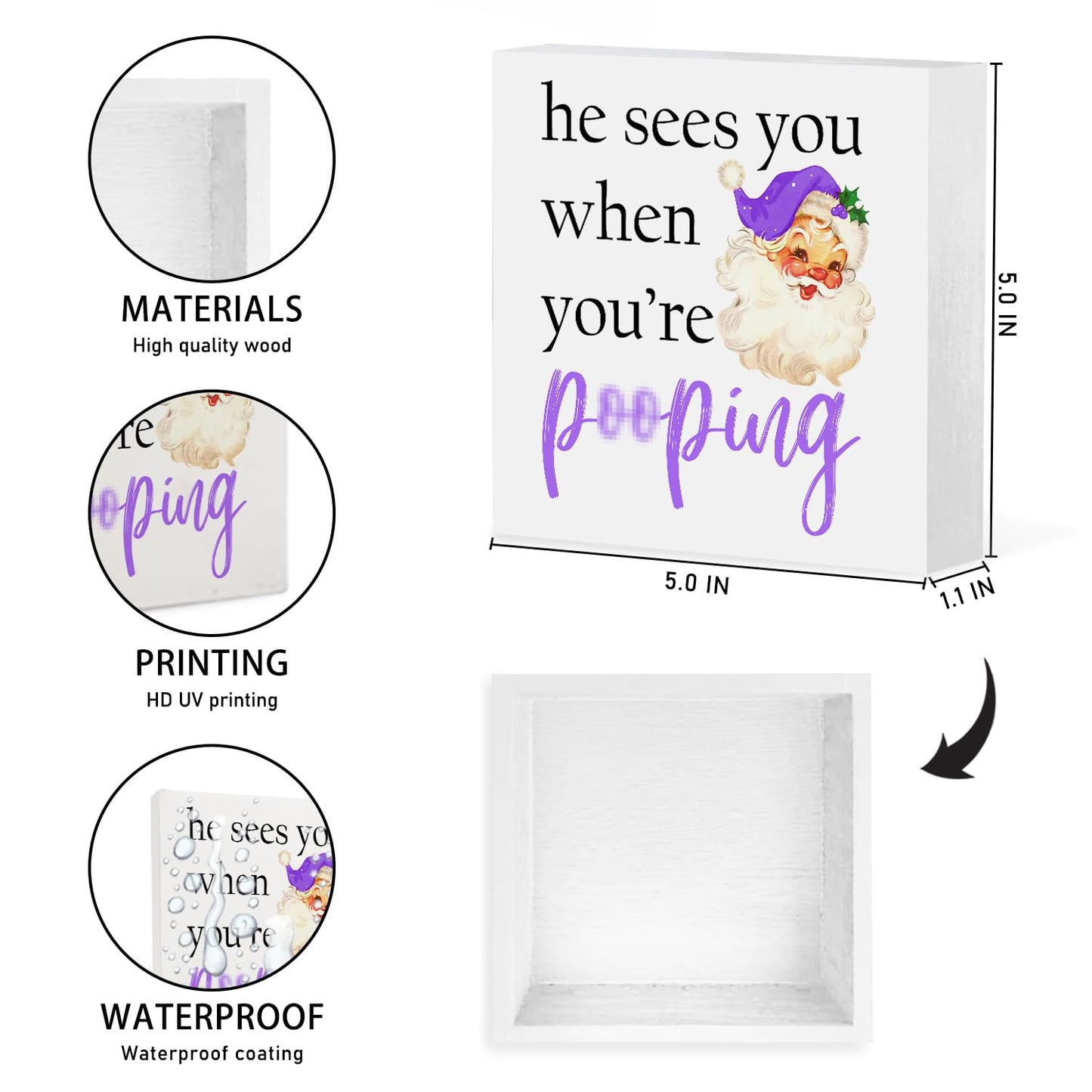 ATBWGT Funny Purple Christmas Santa Bathroom Wooden Box Sign,Santa Bathroom Decor,He Sees You When You're Pooping Wood Block Plaque Signs for Bath Room Toilet Washroom Shelf Counter Decor,5x5 Inch