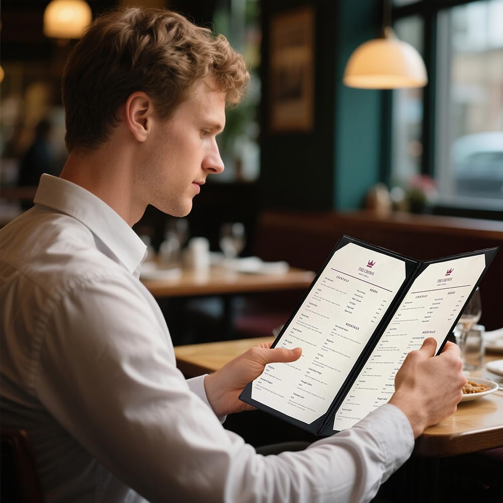 Goodsmart Columbia Casebound Leather Menu Covers, 5 Pack, 2 View 8.5" x 11", 1 View 4.25" x 11" Black Premium Faux Leather Restaurant Menu Holders, 3-View with Interior Album Corners