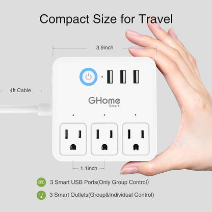 GHome Smart Plug Outlet Extender, USB Wall Charger with 3 Individual Smart Outlets and 3 Smart USB Ports, Works with Alexa Google Home, Surge Protector Plug Extender for APP Control,15A/1800W