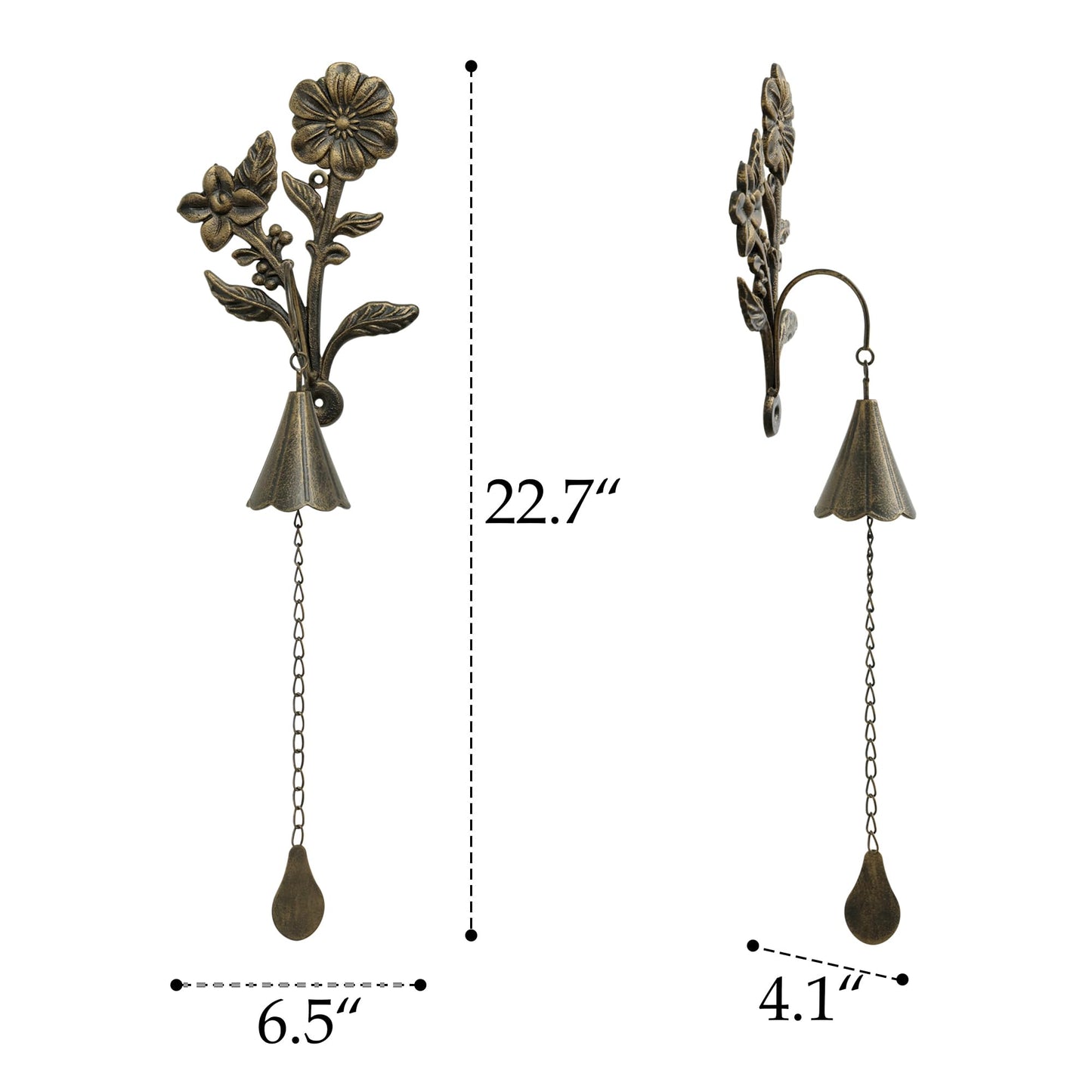 SOFFEE GARDEN Floral Cast Iron Bell, Double Flower & Cone-Shaped Bell Design for Porch, Pathway, or Garden Decor, Antique Style Metal Chime