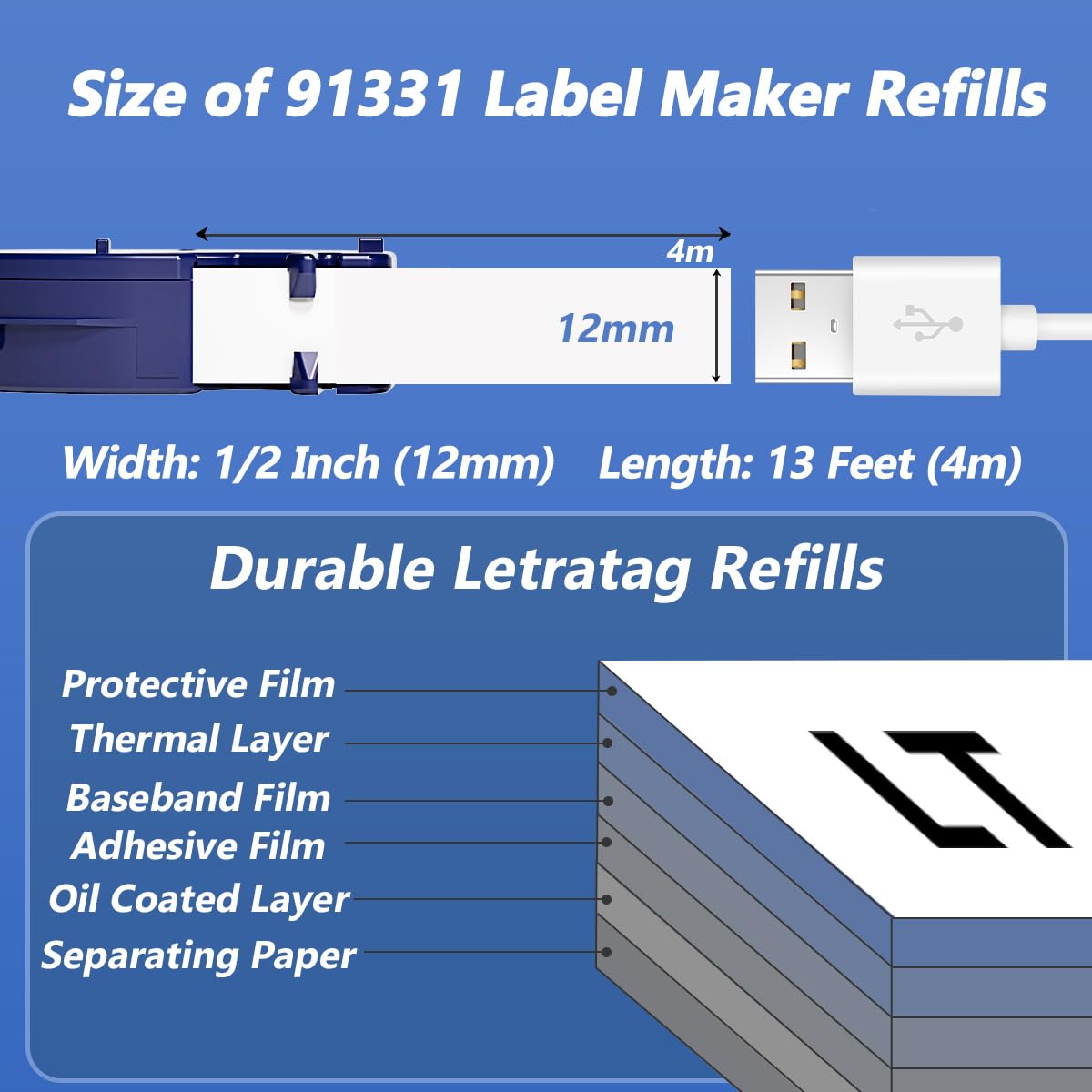 5-Pack White Label Tape Refills 91331 for DYMO LetraTag | 12mm x 4m (1/2" x 13ft) | Black on White | Compatible with LT-100H Plus, LT-100T, LT-200B, QX50
