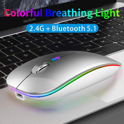 TENMOS Wireless Bluetooth Mouse, LED Slim (Bluetooth 5.1/5.0 + USB) 2.4GHz Rechargeable Silent Bluetooth Wireless Mouse with Type C Adapter for Laptop/MacBook/iPad OS 13 and Above (Matte Black)