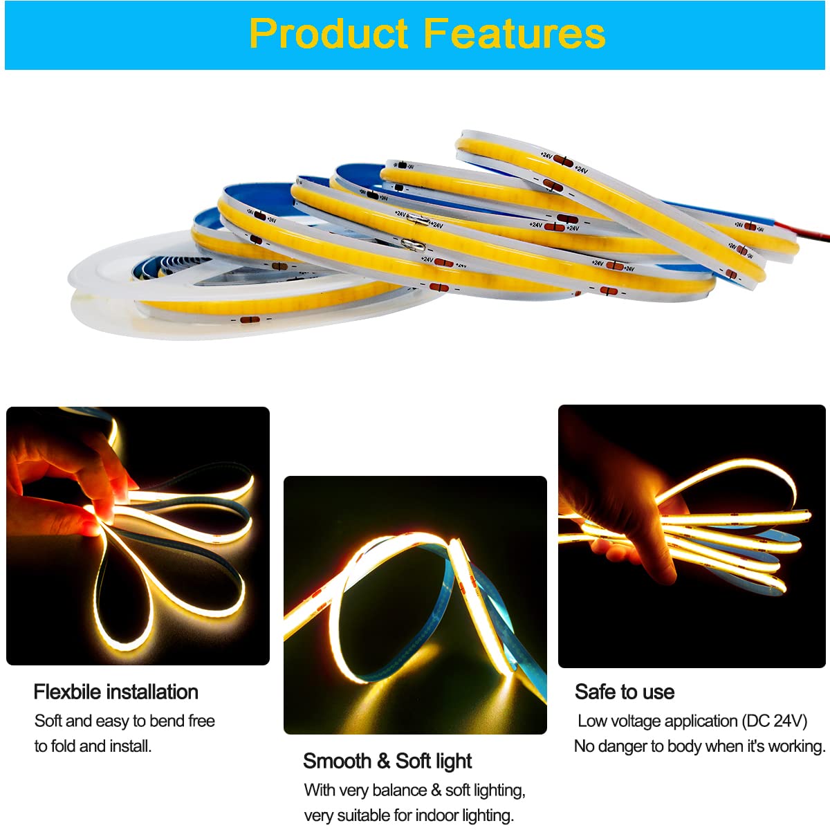 Tesfish LED Strip Lights 24V, Band COB Warm White 3000K 16.4ft 320 LEDs/M Total 1600 LEDs Flexible Neon Light Strips for Party, Counter, Shelf, Home Decor