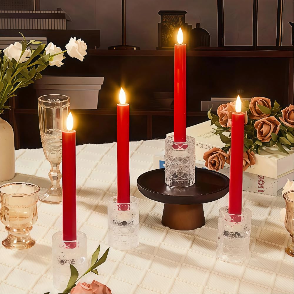Simplelight Red Flameless Taper Candles with Timer, 9 Inch, Pack of 4