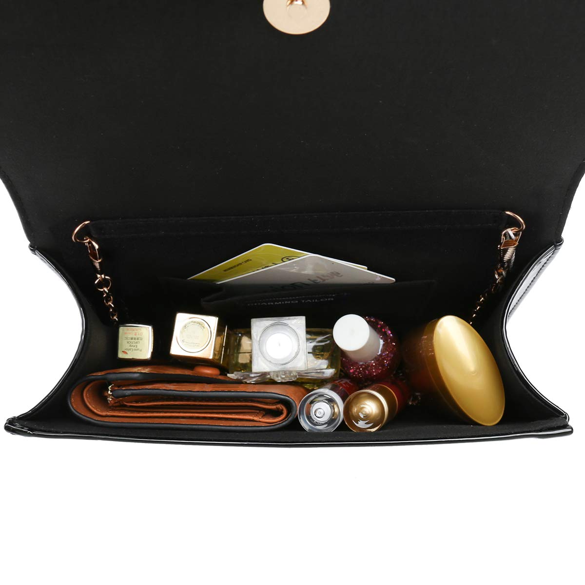 CHARMING TAILOR Patent Leather Flap Clutch for Women Classic Elegant Evening Bag Chic Dress Purse (Black)