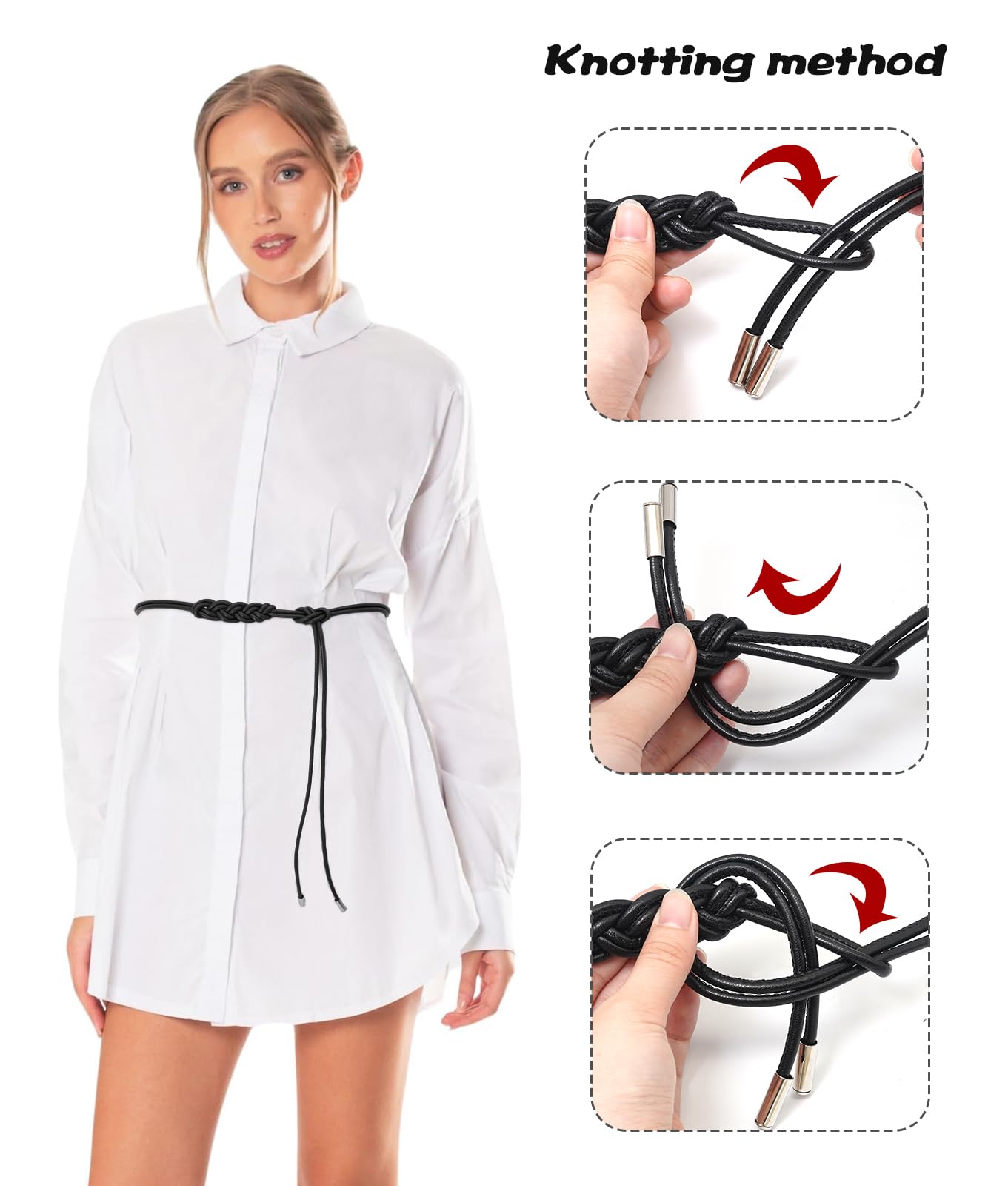 BAOKELAN Women Knot Thin Belts Skinny PU Leather Belts Boho Waist Belt for Dresses Black 130CM