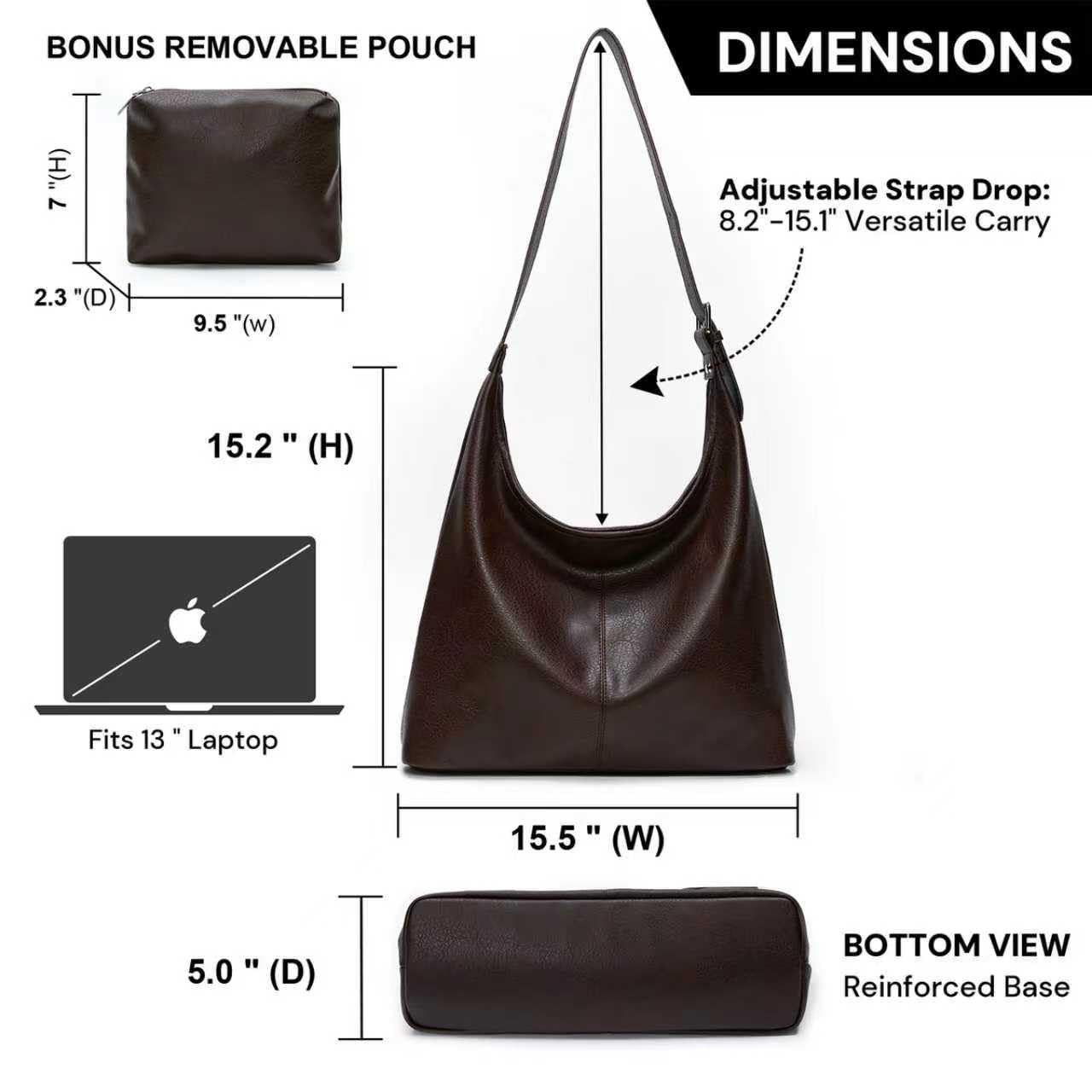 Hobo Bag for Women, Soft Vegan Leather Slouchy Shoulder Tote Purse with Matching Pouch, Adjustable Strap & Magnetic Closure Brown