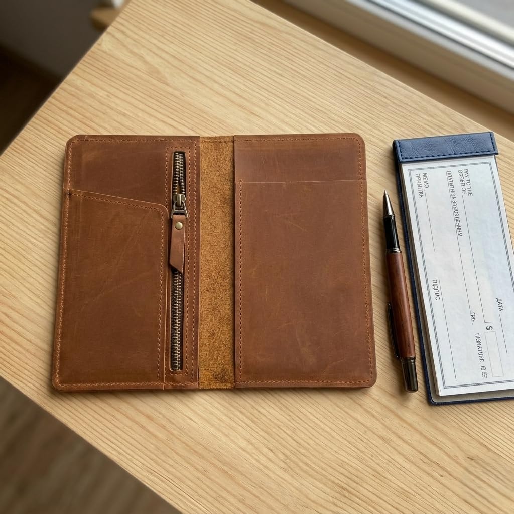 TORAKIP Leather Checkbook Cover – Slim Genuine Leather Checkbook Holder with Zipper Pocket, Checkbook Wallet Organizer for Men & Women, 7" x 3.8", Warm Brown