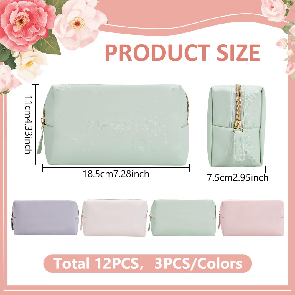 INTERWARM 12Pcs 4 Color Makeup Bag PU Leather Cosmetic Pouch, Bridesmaid Makeup Bags Bulk Zipper Cosmetic Pouch Waterproof Small Portable Toiletry Bag for Women Travel Wedding Party Favors