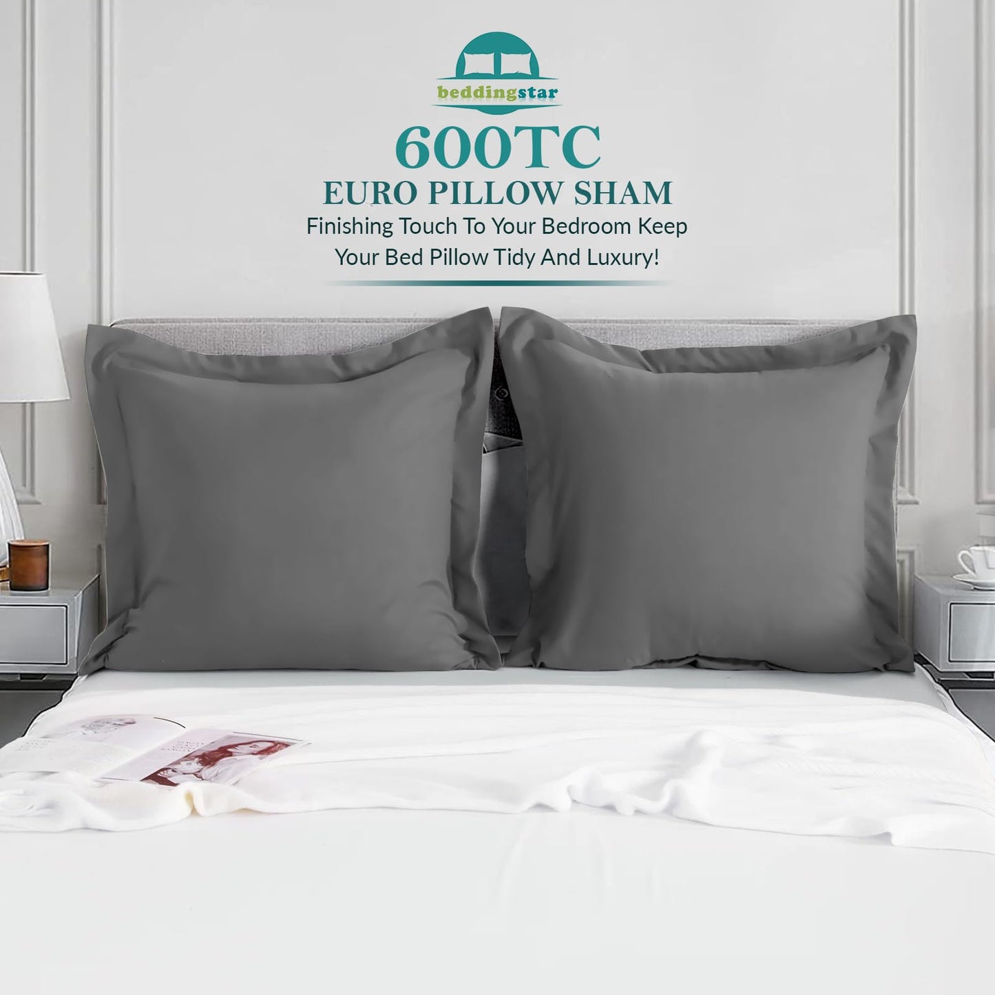 Euro Sham Covers 26x26 Set of 2 Dark Grey 600 Thread Count 100% Egyptian Cotton Pack of 2 Euro 26x26 Pillow Covers Cushion Cover Cases Soft Skin Friendly European Size Decorative Square Pillow Shams