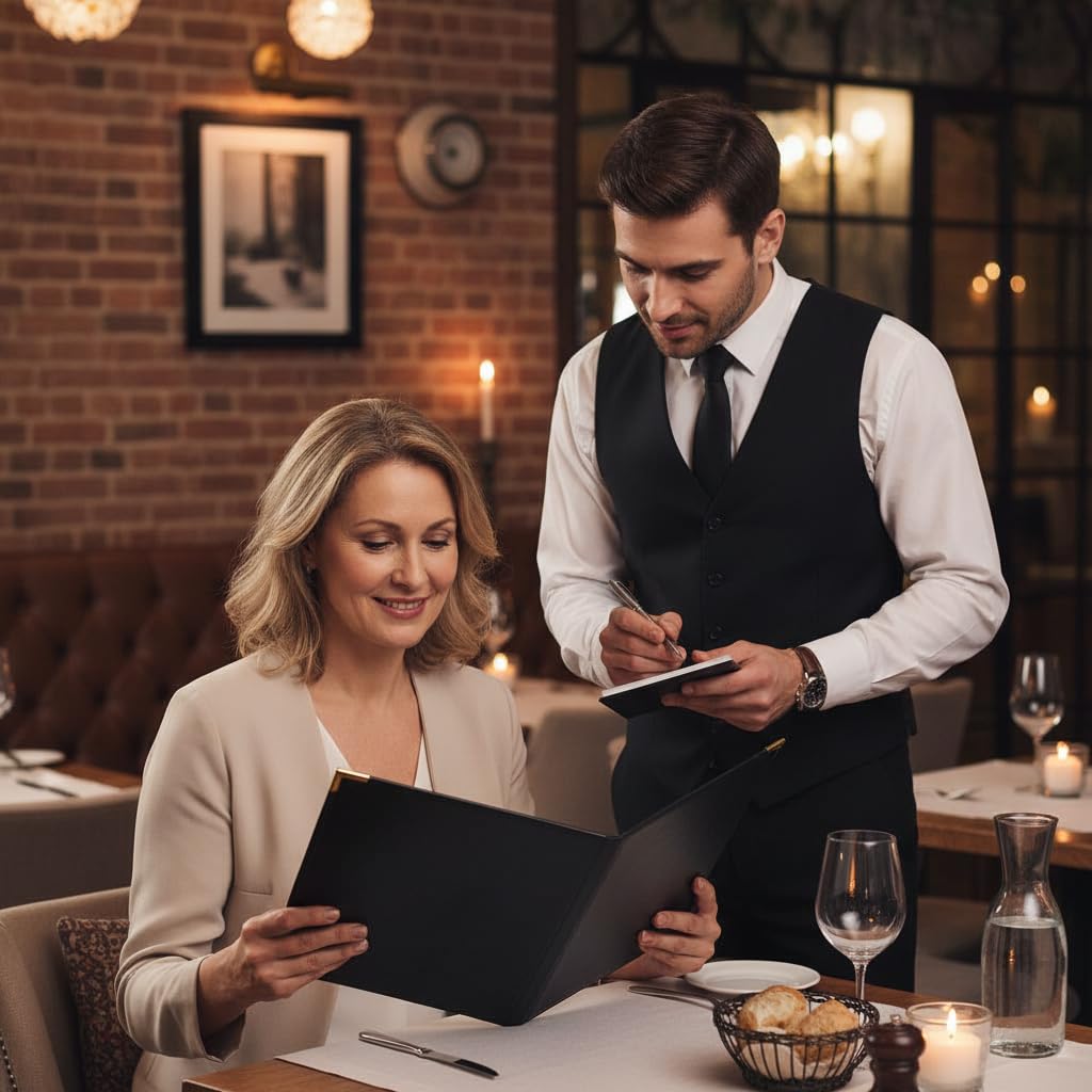 Restaurant Menu Covers 8.5×11 – 8 Page 16 View Menu Sleeve, Premium Black Faux Leather, Waterproof Durable Menu Holder for Bar Cafe Hotel, 2 Pack