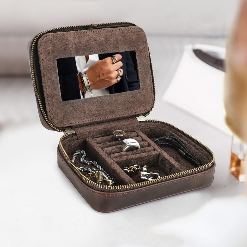 CONTACTS Full Grain Leather Jewelry Box for Men Travel Jewelry Organizer by Handmade Zipper Jewelry Cufflinks Ring Necklace Bracelet Storage Case with Mirror, Rectangular+mirror, Coffee
