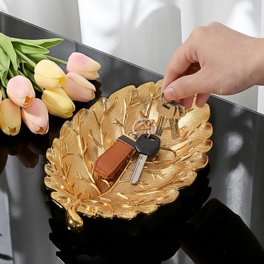 Hipiwe Gold Decorative Key Holder for Entryway Table Key Bowl Tray Leaf Shaped Jewelry Dish Catch All Bowls for Coffee Table Home Decor Christmas Birthday Wedding Gift, Large
