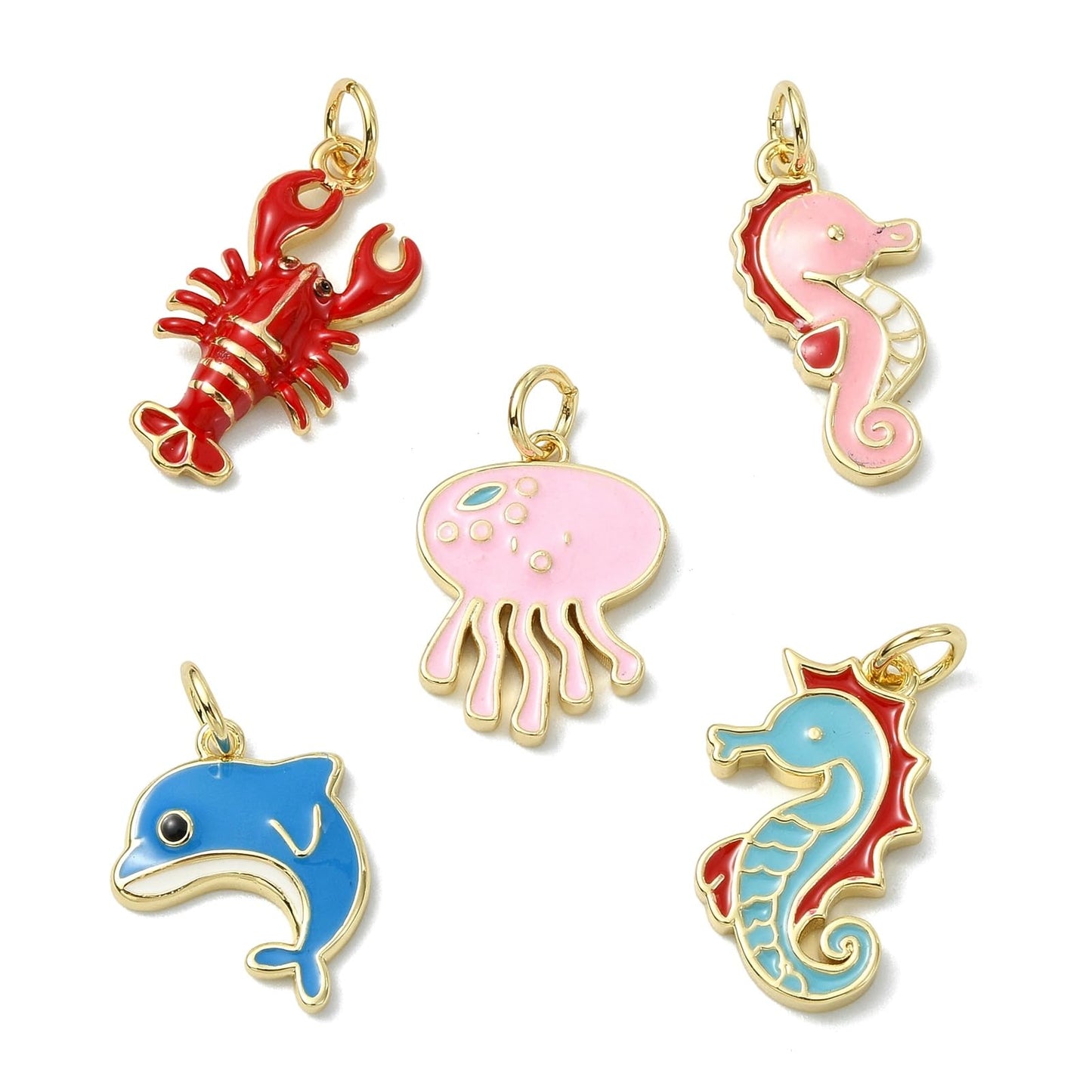 Stiesy Ocean Animal Theme Enamel Charms 5Pcs Brass Jellyfish Lobster Dolphin Sea Horse Marine Life Pendants 18K Gold Plated with Jump Rings for Beach Jewelry Making Sea Inspired Necklaces