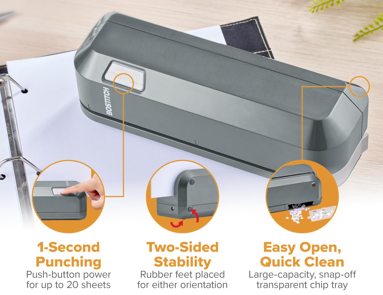Bostitch Office Electric 3-Hole Punch, Dual Paper Loading, Heavy Duty, Jam-Free 20 Sheet Capacity, AC Adapter or Battery Powered, Space Saving, Grey, (EHP20-GRY)