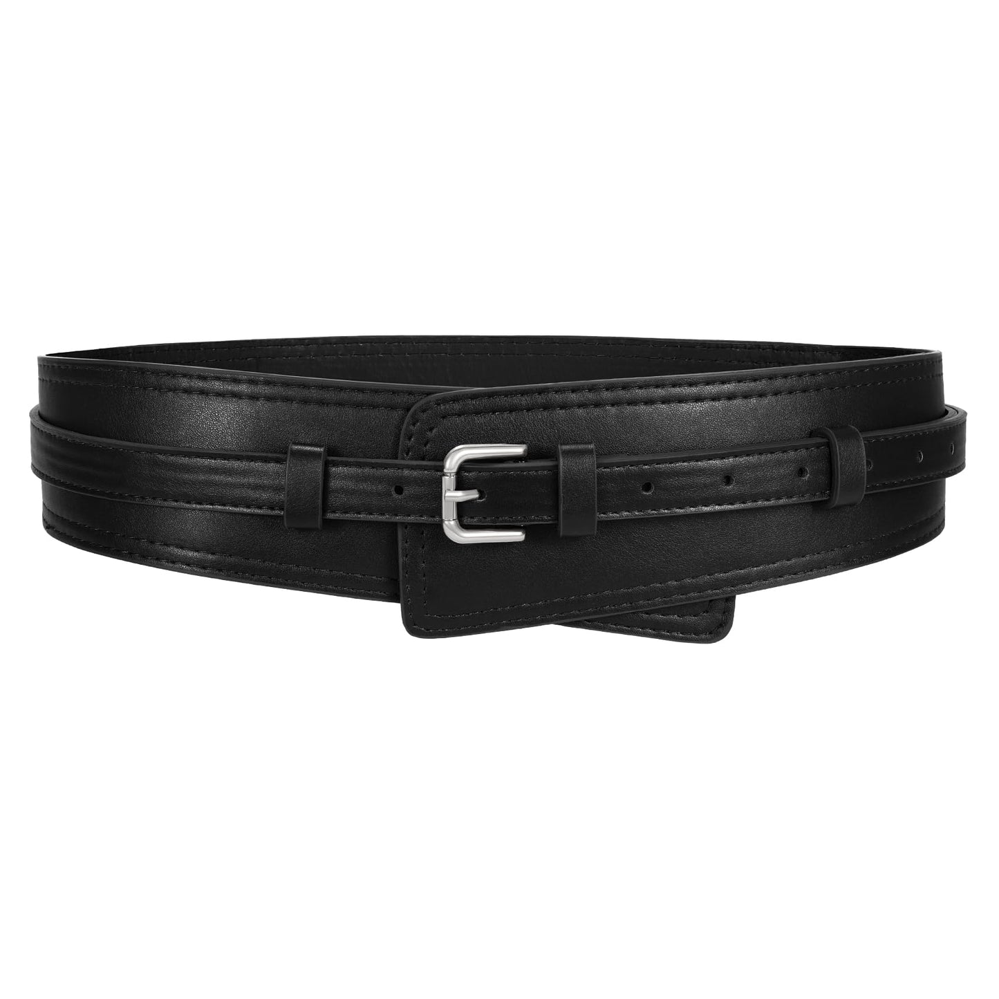 WERFORU Women Wide Waist Belts for Dress Women Fashion Wide Leather Belt 2-in-1 Waistband with Thin Belts for Dress, B-Black-silver buckle, Fit Waist Size 39"-44"