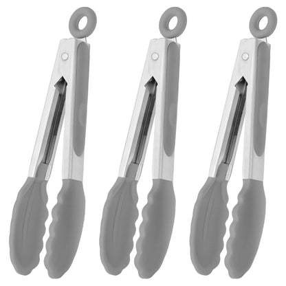 Small Silicone Tongs 7-Inch Mini Serving Tongs, Set of 3 (Black Gray White)
