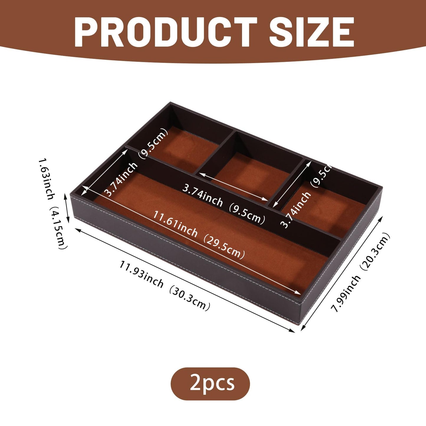 CONCHLERY 2 Pcs Desk Drawer Organizer 4 Grid PU Leather Drawer Storage Organizer Multi-Purpose Storage Desktop Organizers Tray for Office Home, Brown, 30.3x20.3x4.15cm
