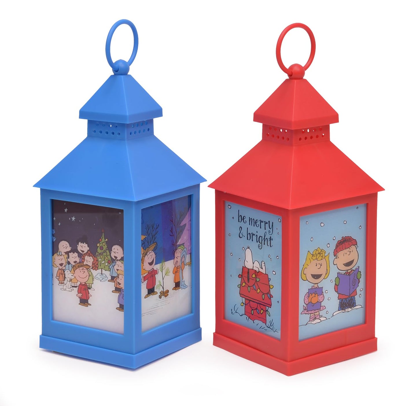 Mark Feldstein, Peanuts Christmas Holiday Flamless LED Tabletop Lanterns, Red and Blue, 9.5 Inch (Set of 2)