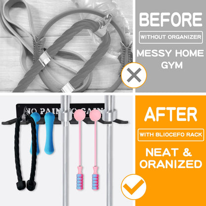 Gym Home Rack 8 Hook Heavy-Duty Wall-mounted Organizer Multi-Purpose Workout Gear Wall Hanger Storage for Resistance Bands Jump Ropes Lifting Belt Fitness Bands Barbells Carabiners Included (NO PAIN NO GAIN)