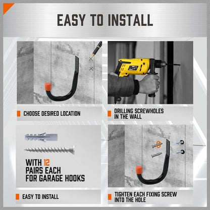 Heavy Duty Metal Wall Hooks - 6-Pack Large Garage Storage & Organization Hooks for Tools, Ladders, Bags | Wall Mount J Hooks, Black