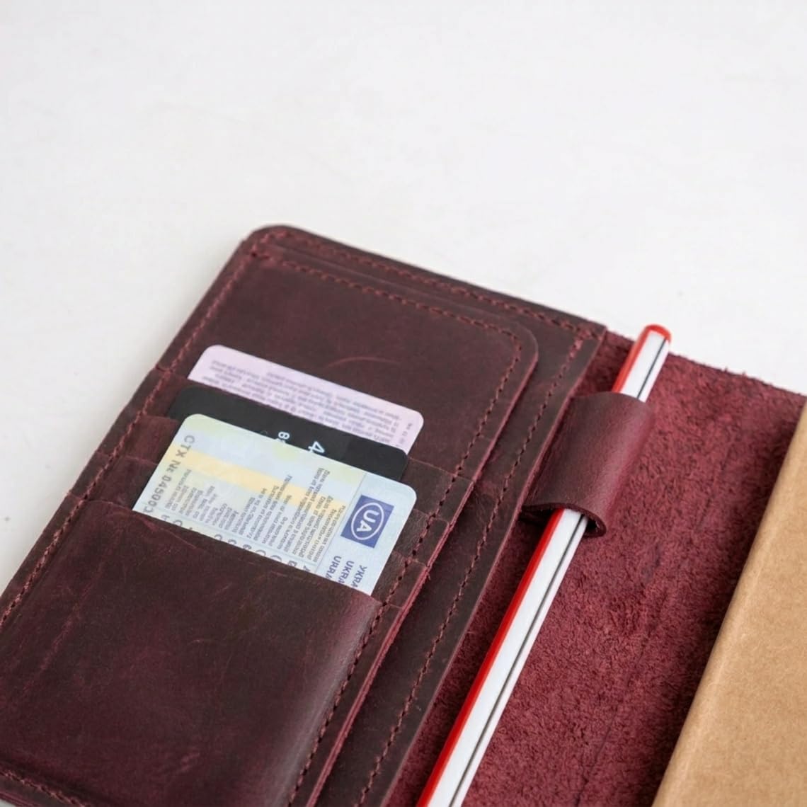 TORAKIP Leather Travel Journal Cover A6 – Refillable Notebook Cover with Pockets & Pen Holder, Handmade Genuine Leather Case for 4.1" x 5.8" Notebooks (Paper Not Included), Burgundy