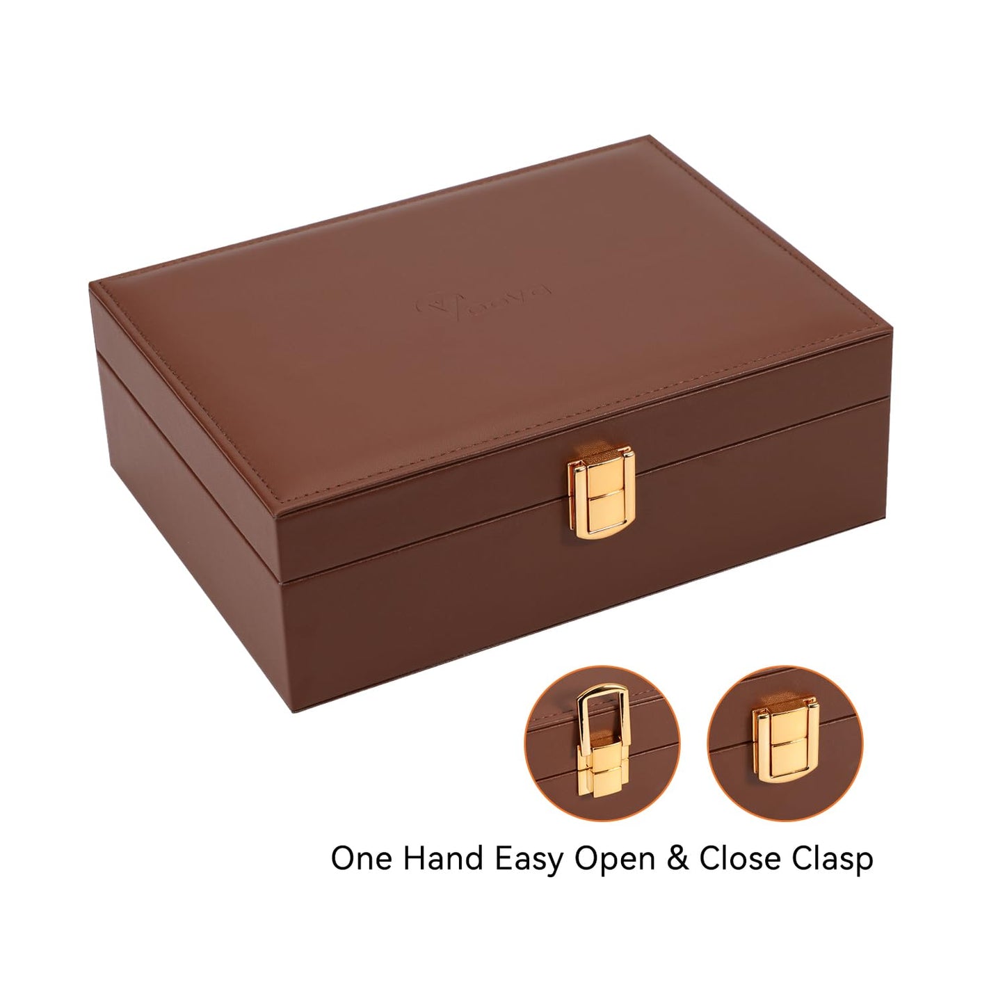 Voova Jewelry Box Organizer for Women Girls, 2 Layer Large Men Jewelry Storage Case, PU Leather Display Jewellery Holder with Removable Tray for Necklace Earrings Rings Bracelets, Caramel Brown