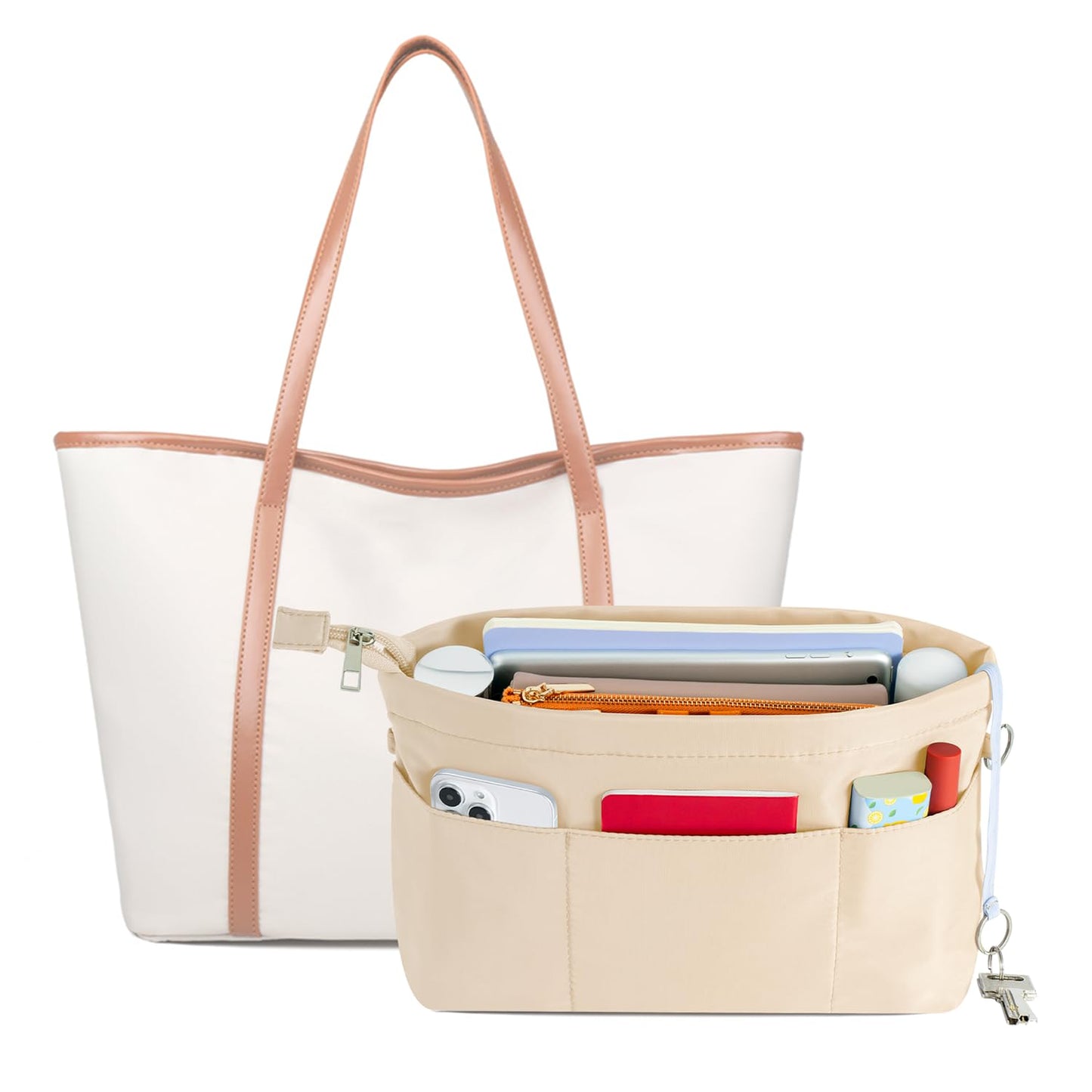 HyFanStr Nylon Purse Organizer Insert with Zipped Top for Tote Bag, Handbag Shaper with 13 Pockets 5 Sizes (Beige-XS)