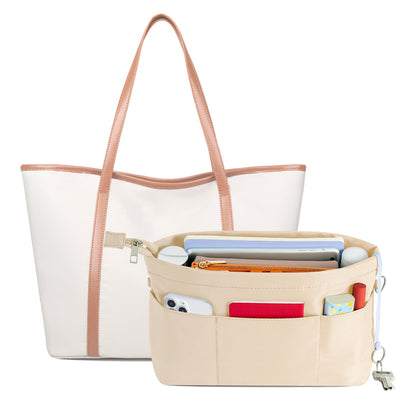 HyFanStr Nylon Purse Organizer Insert with Zipped Top for Tote Bag, Handbag Shaper with 13 Pockets 5 Sizes (Beige-XS)