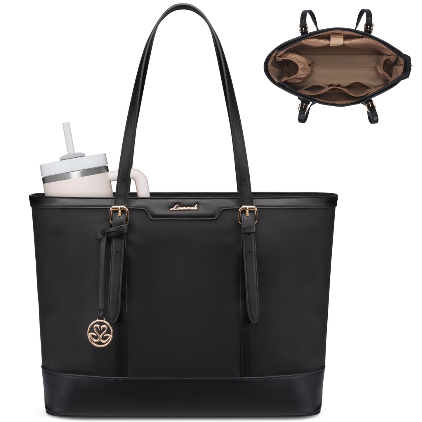 LOVEVOOK Work Tote Bag for Women 15.6 Inch Laptop Computer Bags with Cup Holder, Large Teacher Bag Briefcase for Business Office Travel Black, Nylon&PU