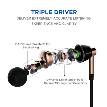 1MORE Triple Driver in-Ear Earphones Hi-Res Headphones with High Resolution, Bass Driven Sound, MEMS Mic, in-Line Remote, High Fidelity for Smartphones/PC/Tablet - Gold