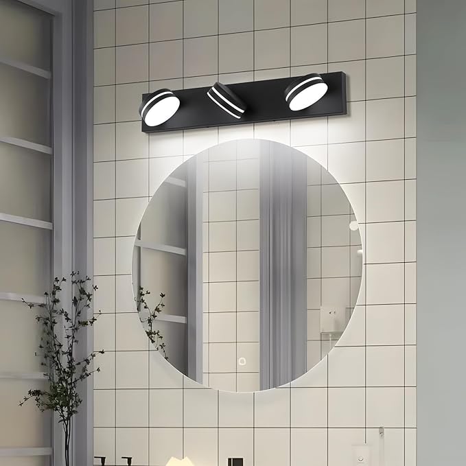 Modern Black Bathroom Vanity Light Fixtures Over Mirror, 3-Light LED Bathroom Lighting Fixtures with 360°Rotatable Head, 24-Inch Vanity Wall Lights for Bath Restroom Powder Room