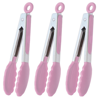 Small Silicone Tongs 7-Inch Mini Serving Tongs, Set of 3 (Black Gray White)