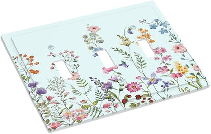 Rustic Wild Floral Vintage Blue Watercolor Flower 3 Gang Light Switch Covers Decorative Unique Triple Toggle Wall Plate Electrical Faceplate Switchplate for Bathroom Bedroom Home Decor