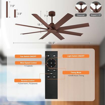 Depuley 60" Industrial Ceiling Fans with 5 Speed, DC Motor Ceiling Fans with 8 Blades, Outdoor Ceiling Fan with Remote for Indoor Patio Porch Garage Shop Factory Warehouse (Brown)
