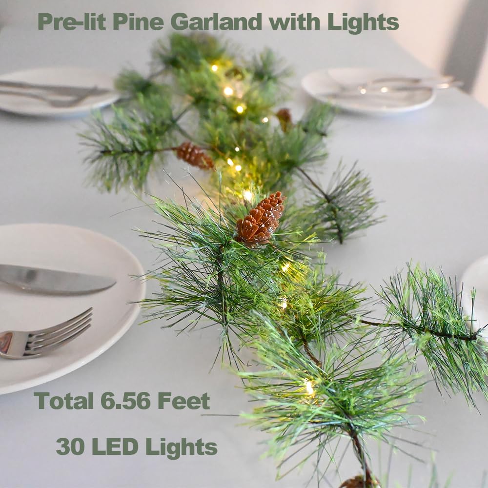 PALONMY Remote Christmas Smokey Pine Garland with Lights 6.56FT Garlands with Timer 30 LED Fairy Lights Battery Operated Garland Lights with Pinecones Christmas Pre-lit Light for Home