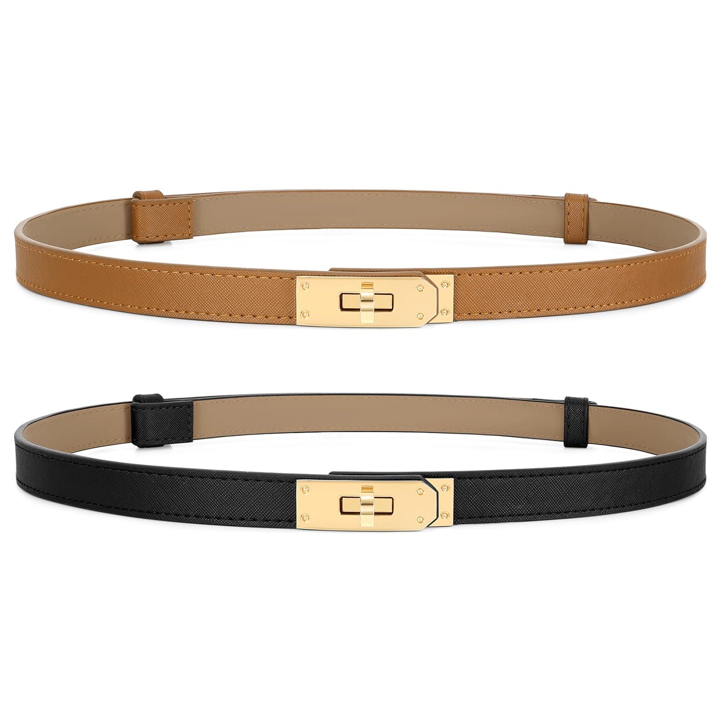 Women Skinny Leather Belt for Dresses Jeans Coats Solid Color Alloy Turn Lock 2 Pack Adjustable Thin Waistband