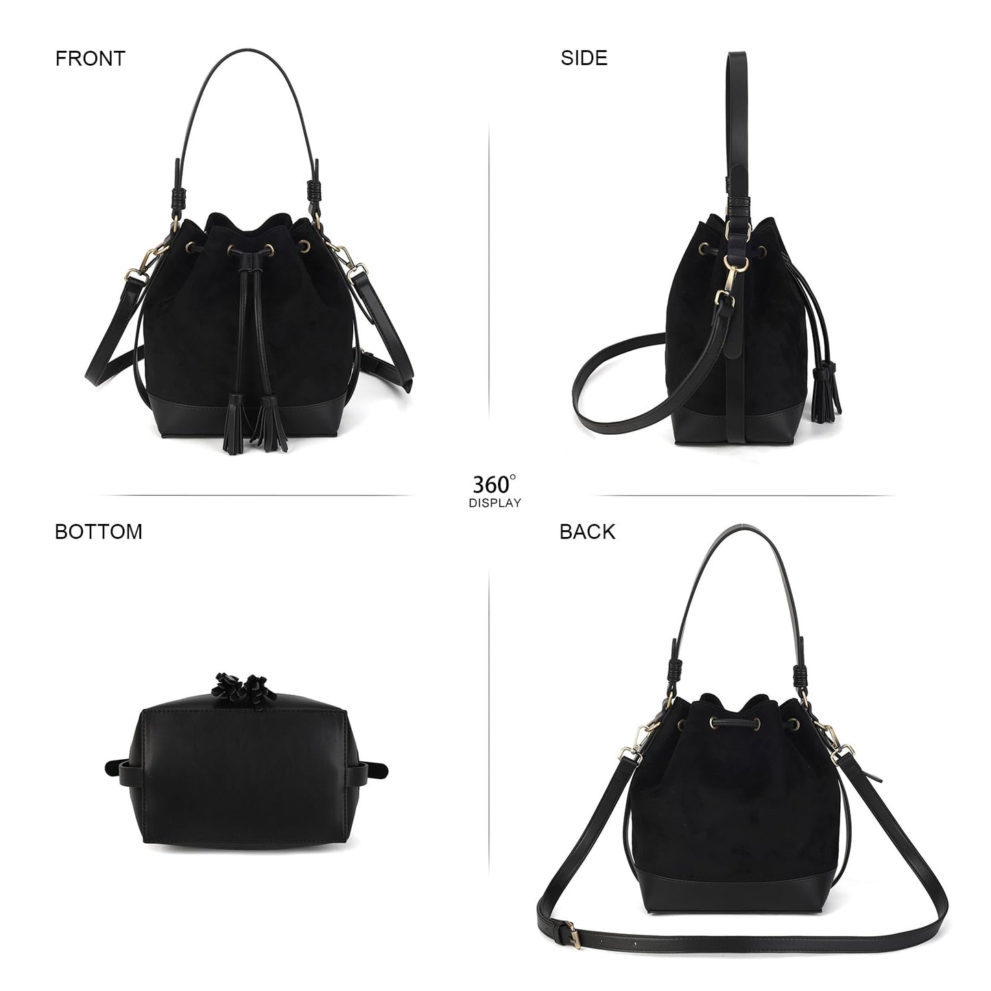 AFKOMST Faux Suede Bucket Bags and Drawstring Crossbody Boho Purse for Women Medium Hobo Handbags with 2 Shouder Straps (Black)