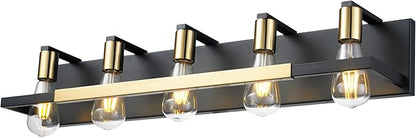 Hamilyeah 5 Light Bathroom Vanity Light Fixture Black and Gold, 32 inch Vintage Bathroom Lighting Fixture Over Mirror, Industrial Wall Mounted Lighting for Living Room, Dining Room