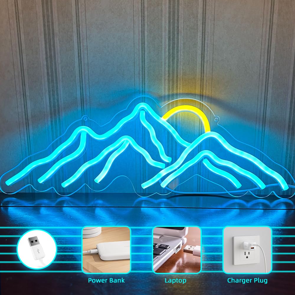 Mountain Sunset Neon Signs for Room Decor LED Signs For Bedroom Wall Neon Lights for Home Party Wedding Christmas Decorations USB Powered(Ice Blue)