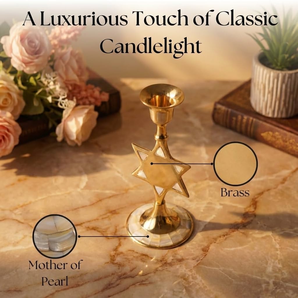 House of Wemy Star-Shaped Brass & Mother of Pearl Candle Holder for Taper Candles | for Home Decor, Bedroom, Living Room Decor, Table Centerpieces & Festival Decoration (8x8x17 cm)