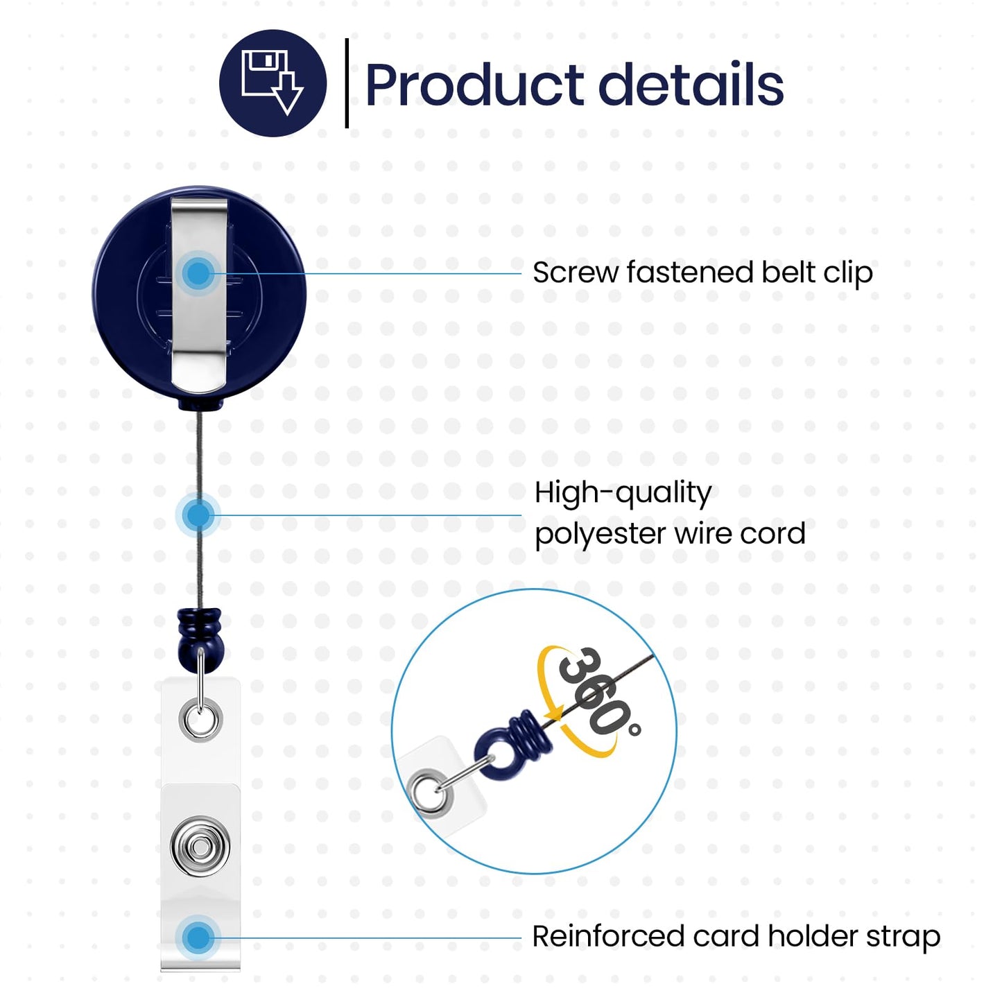 Zonon 100 Pcs Retractable Badge Reel Clips ID Card Holder Reel with Metal Belt Clip for Hanging Cards Key Chains, Name Badge Holders for Nurses Teachers Students (Dark Blue)