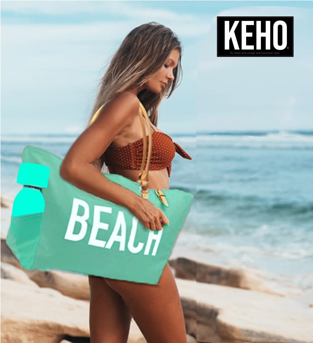 Keho Women's Fashion Trendy Beach Bag – Vegan Leather Handles, Pockets, & Waterproof/Sandproof Design - (Green)