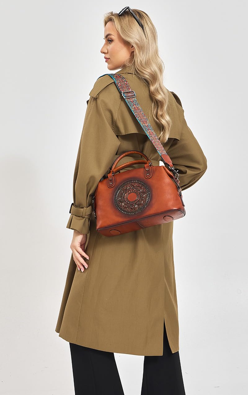 Genuine Leather Women's Handbags Travel Small Purses Top Handle Barrel Satchel Shoulder Hand Bags leather crossbody bags for Women Retro Totem Tote Bag Brown