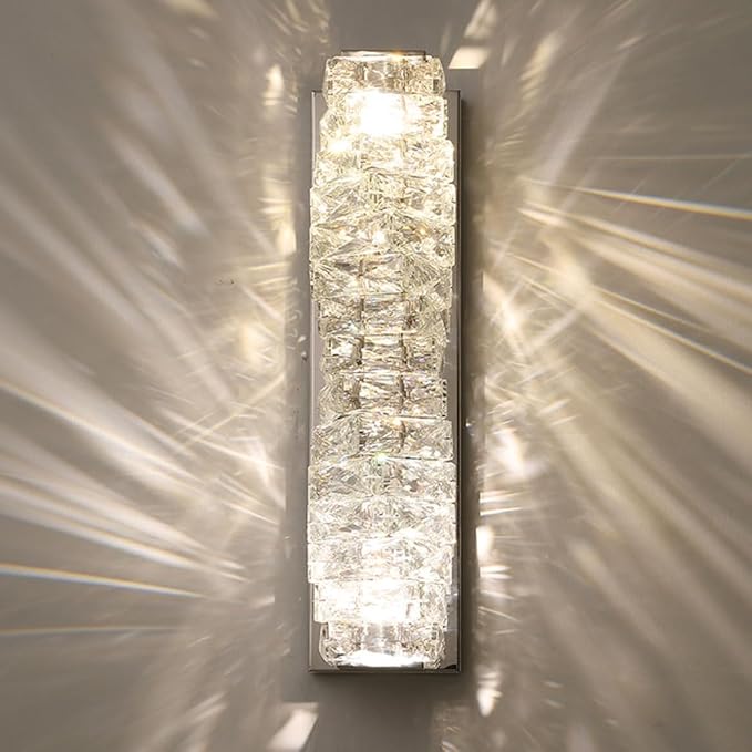 Modern Silver Crystal Wall Sconce, Adjustable Color Temperature LED Glass Wall Light, Luxurious Indoor Wall Mount Light Fixture for Bedroom Living Room Corridor Entrance Lighting