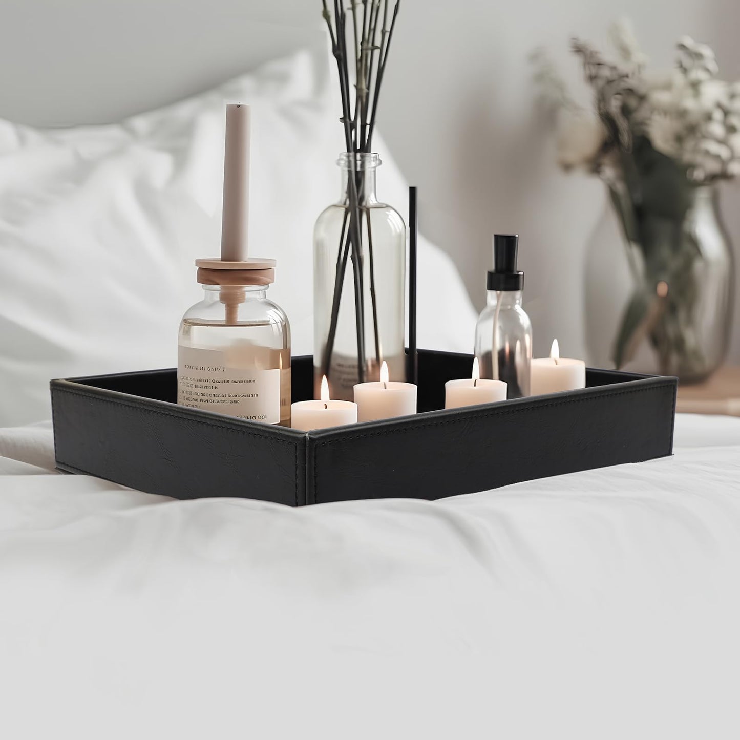Leather Valet Organizer for Men – Black Catchall for Wallet, Keys, EDC, Jewelry, and Perfume – Nightstand, Dresser, and Bathroom Vanity Storage