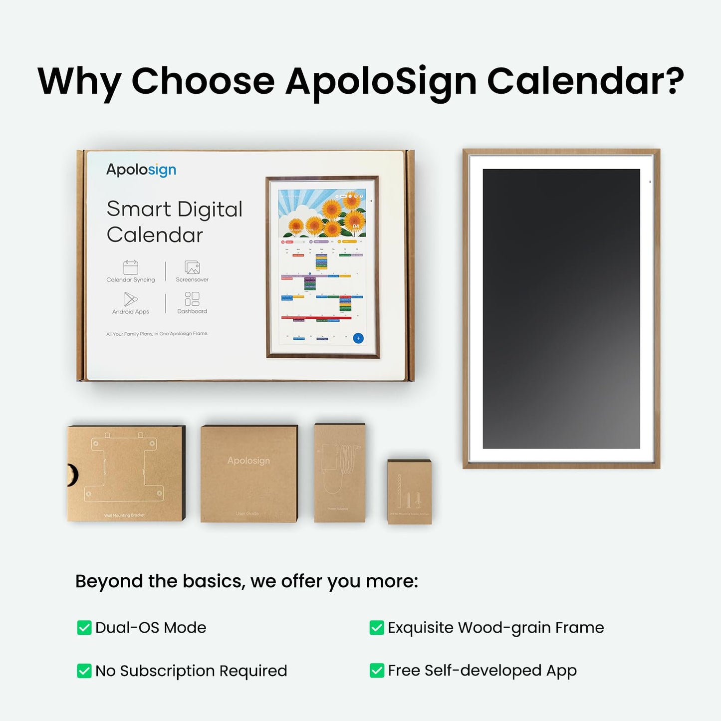 Apolosign 21.5-inch Digital Calendar : Dual Mode Smart Wall Planner, No Subscription, Install Apps, Sync Calendars, Electronic Touchscreen Interactive Display for Family Schedules, Chore Chart (Teak)
